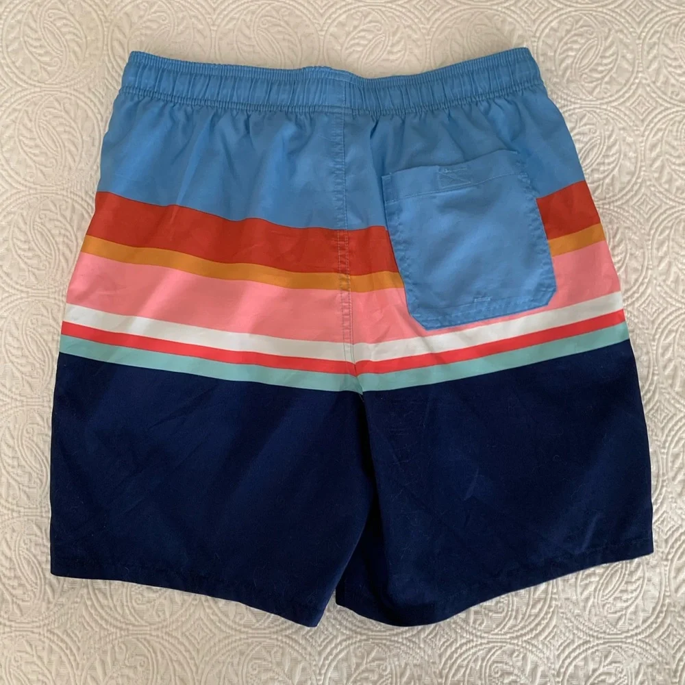 Goodfellow & Co Swim Shorts Men Size M Blue White Pink Stripes Pocket Drawstring